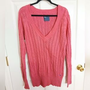 American Eagle Y2K V Neck Cable Knit Sweater Preppy Academia Cotton Large Casual